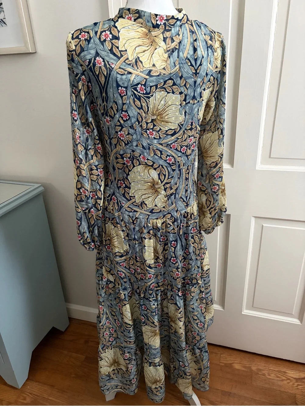 H&M / Morris & Co., Floral Tiered Long Sleeve Maxi Dress in Navy and Gold - Picture 4 of 6